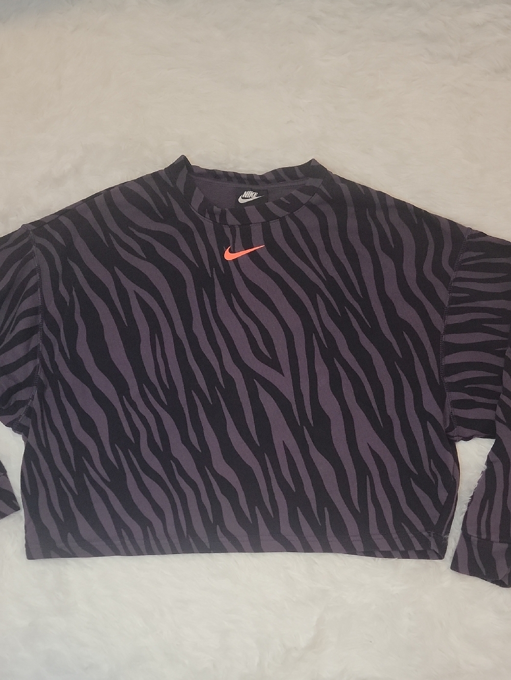 Nike Purple and Black Zebra Crop Sweatshirt with Coral Swoosh. XS